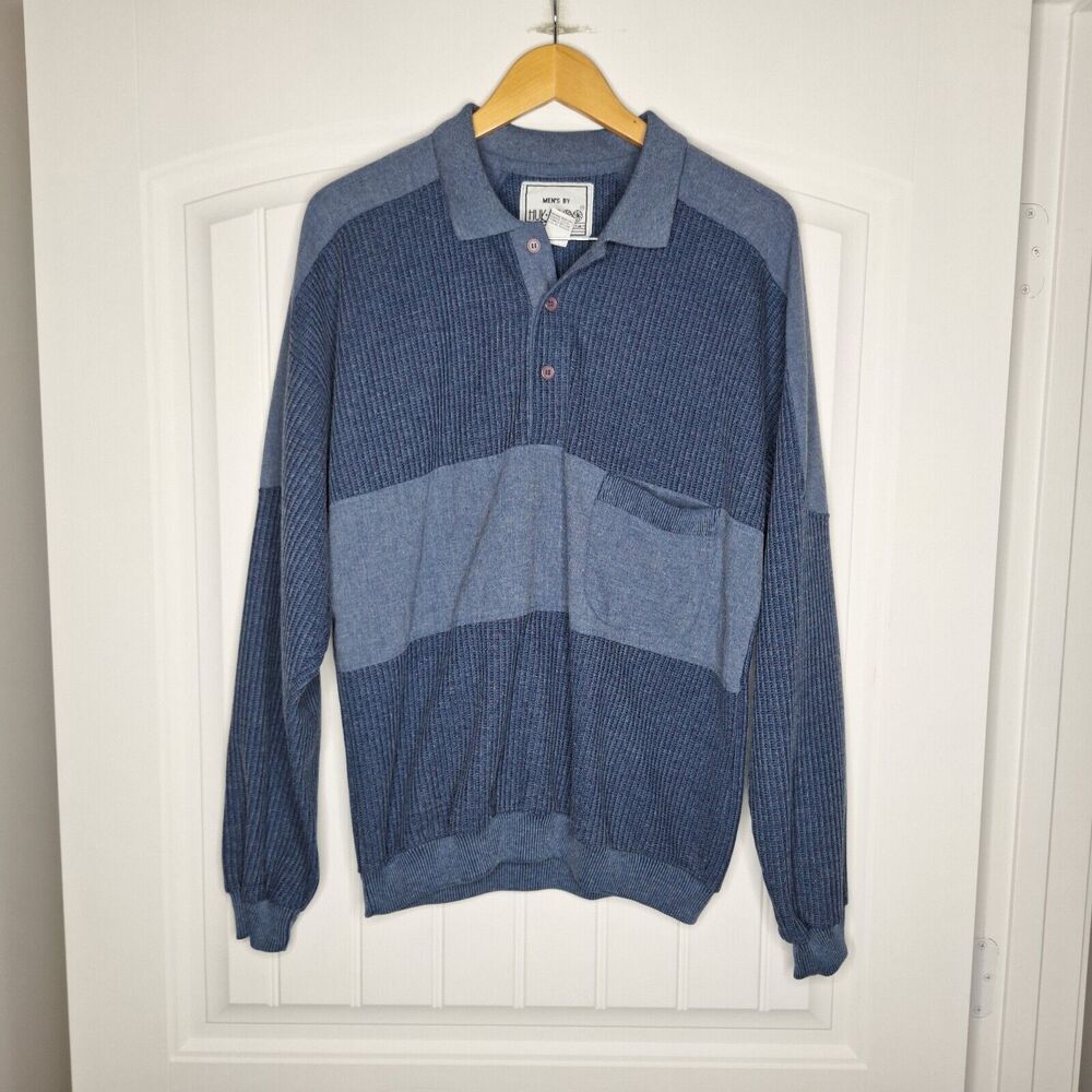 Vintage Huk-A-Poo Sweater Mens XL Blue Collared Pocket Pullover Casual